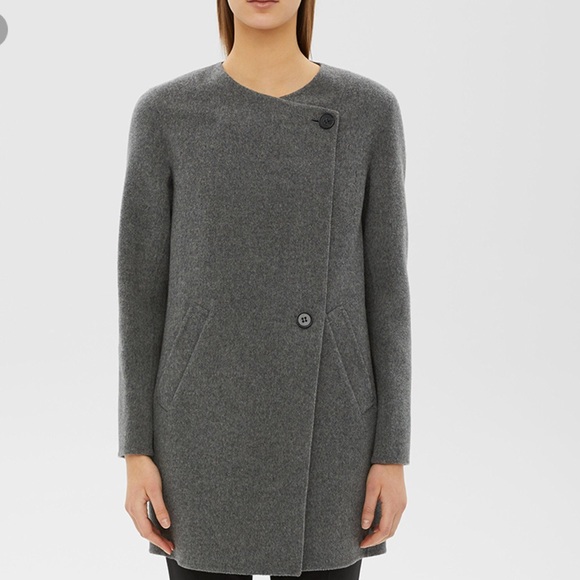 grey collarless coat